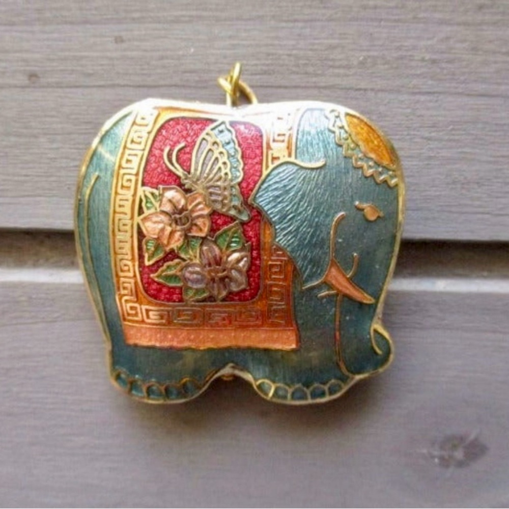 Authentic Vintage Cloisonné 18k Gold Lrg Elephant Pendant